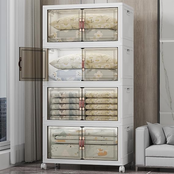 UAMFURI 700QT Stackable Storage Bins with Lids, Storage Cabinet with Wheels | Clear Doors Lockable Storage Bins Collapsible Closet Organizer for Space Saving Easy Assembly Extra Large Capacity Heavy Duty