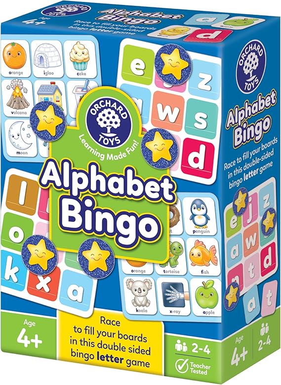 Orchard Toys Alphabet Bingo, Educational Early Learning Game for Letter Recognition and Phonics, 4 Ways to Play, Ages 4+