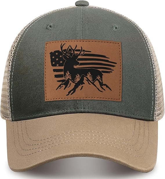 Hunting Deer Hat, Snapback Trucker Hats Leather Patch Mesh Baseball Cap Hunter Gifts for Men Dad Grandpa