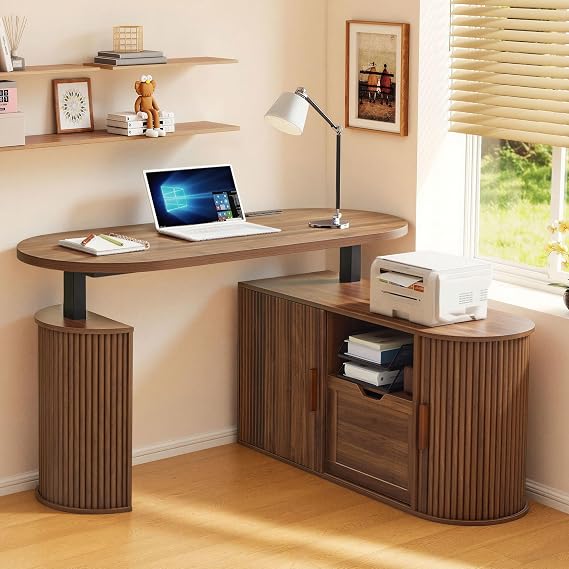 55" L Shaped Oval Electric Wood Standing Desk with Storage | Height Adjustable Executive Desk with File Drawer, Fluted Wood Desk Office Sit Stand up Desk for Work, Study, Writing, Walnut