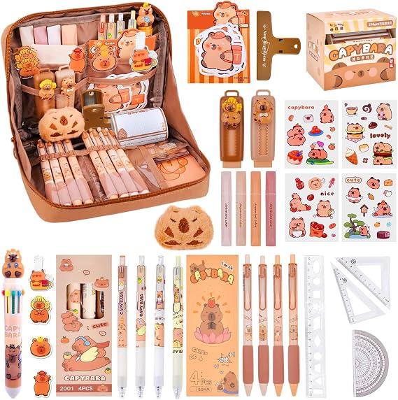 Capybara Pencil Case, Cute Capybara Stationery Set Include Capybara Pencil Case/Capybara Pens/Stickers/Keyring/Sticky Notes/Rulers, Large Capacity Multi-Layer Case for Kids Students Gifts