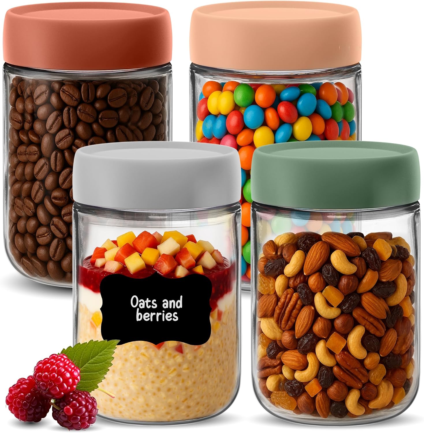 HEFTMAN Overnight Oats Jars with Lids - 4 Pack 600ml Overnight Oats Jar with Airtight, Colourful Screw Lids Food-Safe Glass Breakfast Pots with Lids for Yogurt, Chia Pudding - 21oz, Reusable (4 PCS)
