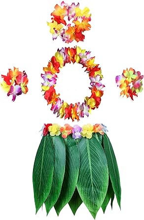 KEFAN Leaf Hula Skirt and Hawaiian Leis Set Grass Skirt with Artificial Hibiscus Flowers for Hula Costume and Beach Party