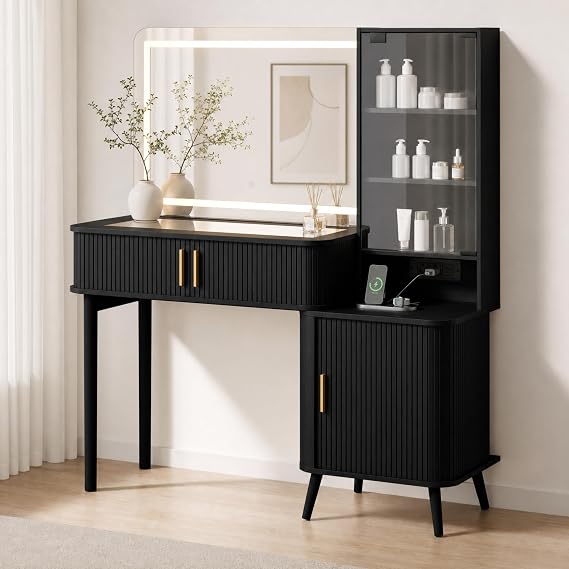 51" Fluted Makeup Vanity Desk with 4 Drawers & Adjustable Shelves,Dressing Table with Mirror and Lights, Large Vanity with Glass Top and Power Outlet for Bedroom (Black)