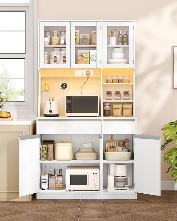 Hzuaneri Kitchen Cupboard with LED & Power Outlet, Tall Kitchen Cabinet