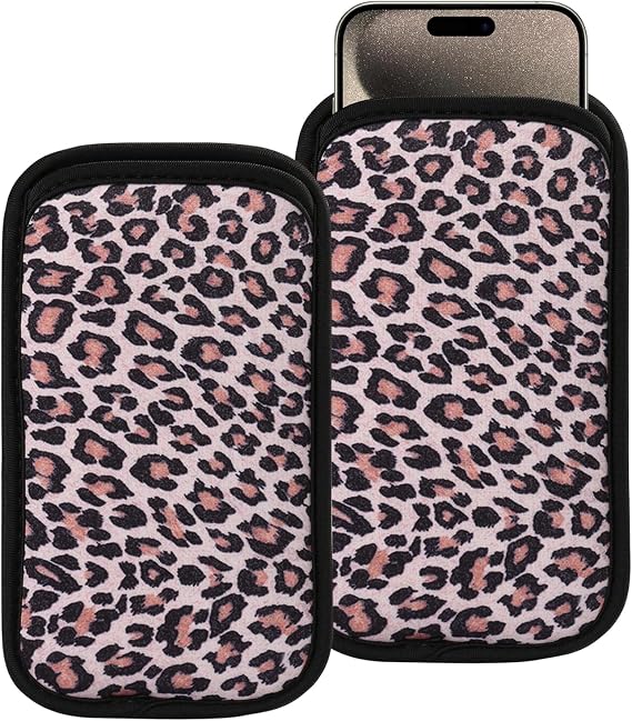 2 PCs Neoprene Cell Phone Sleeve Phone Pouch Compatible for Apple iPhone 16 Pro Max 16 Plus XS Max Galaxy S25 Ultra S25+ S24 FE A16 A35 A55 Pixel 9 Pro XL Moto G Play Power (Large, Brown Leopard)