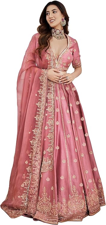 TRENDMALLS Women's Satin Embroidery Sequence Work Lehenga Choli Set with Dupatta For Women (L257-DarkPeach-FreeSize)