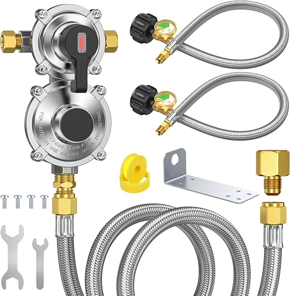 RV 2-Stage LP Propane Regulator with 2 18" LP Pigtail Hoses & Gauge And 48" Outlet Extension Hose, Dual Propane Tank Connection Kit With Braided QCC1 1/4" Inverted Male Flare for RV, Campers, Trailers