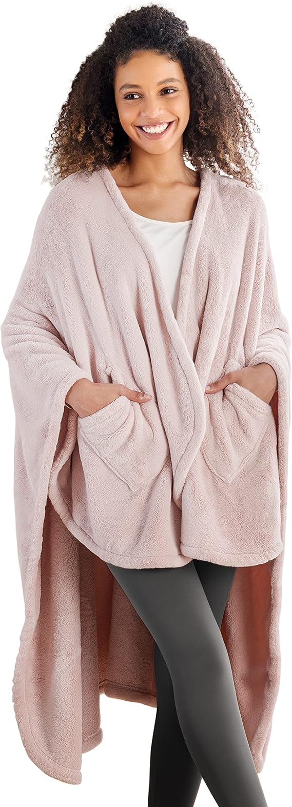 Berkshire Blanket PrimalushTM Wearable Blanket, Cozy Loungewear Pocketed Plush Cape Wrap for Adults &Teens(Pink, One Size 58"X64")