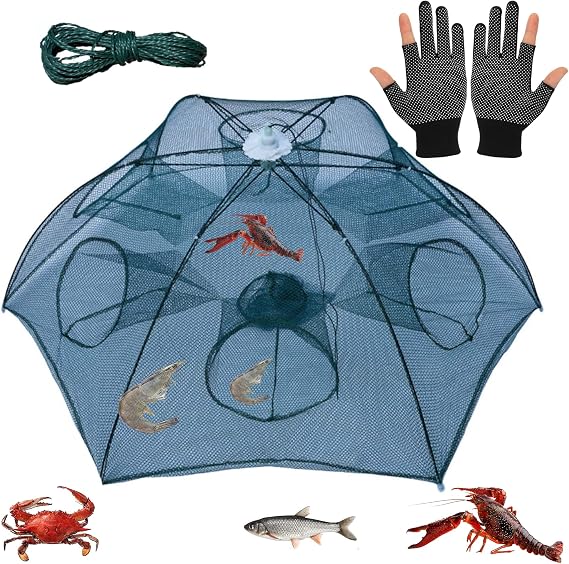 4 Pack Fishing Bait Trap, 1 Foldable Net 6 Holes, 19.6 Feet Nylon Rope Crawfish, Minnow Floating Ring, Crab Fish Gloves for Small Eels Lobster Shrimp, green-black
