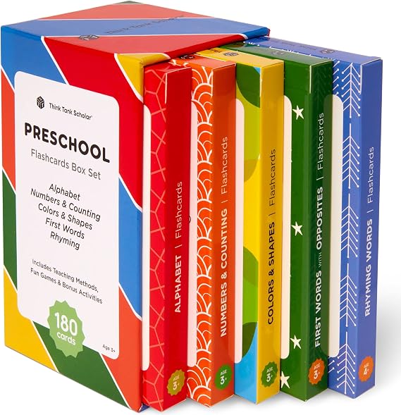 Award-Winning Flash Cards for Preschool & Kindergarten 5-Deck Set, 180 Jumbo Cards Learn Alphabet, Numbers, Colors, Shapes, First Words, Opposites & Rhyming for Kids Ages 35