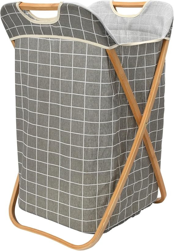 Household Essentials Grid Print Bamboo X-Frame Hamper with Cotton Liner, Gray