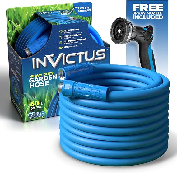 INVICTUS Garden Hose 50Ft x 5/8 in. Sprayer Nozzle Included, 2-Layer Heavy Duty Water Hose 50 Ft, Flexible, Lightweight, NON Expandable, Kink Resistant, Easy Connect Fittings