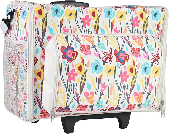 Everything Mary Craft Trolley Bag on Wheels, Cream aand Multi Floral - Craft Organiser on Wheels for Sewing, Scrapbooking, Paper Craft, and Art - Storage Case for Supplies and Accessories -