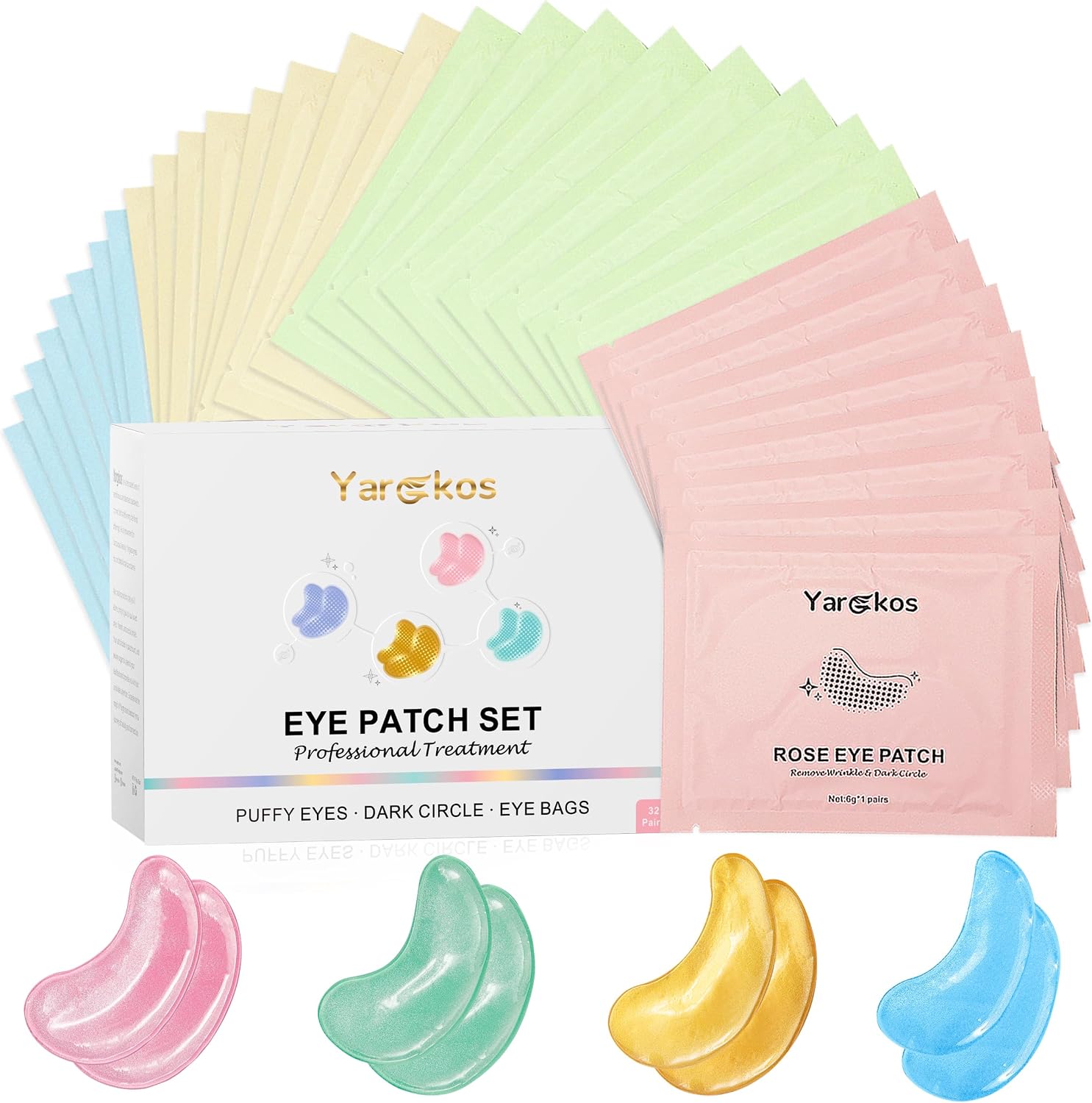 32 Pairs 4 Color Under Eye Patches, Collagen Undereye Pads, Hydrating Eye Masks for Anti Wrinkles Puffy Eyes Dark Circles, Puffiness Eye Bags Gel Pads, Travel Skincare Set, 24K GoldBluePinkGreen