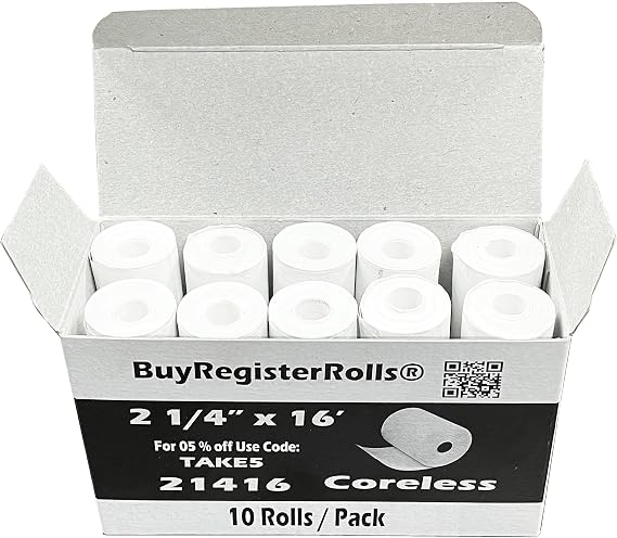 (10 Rolls) 2 1/4 x 16 Thermal Paper Rolls Coreless 2.25 (57mm) x 16 ft 1 Ply Poynt Smart Payment Terminal Receipt Printer Paper Rolls BPA Free From BuyRegisterRolls