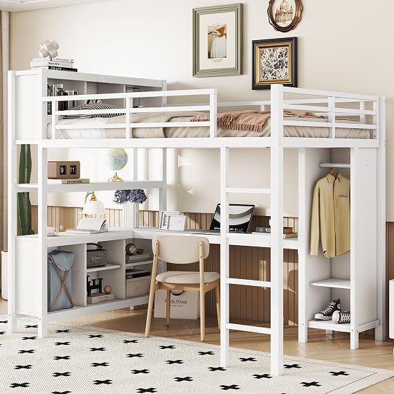 Modern Full Size Metal Loft Bed with Built-in Wardrobe and L-Shaped Desk, Heavy Duty Loft Bed Frame with Storage Cubes and Shelves for Kids Teens Adults (Off White-Full)