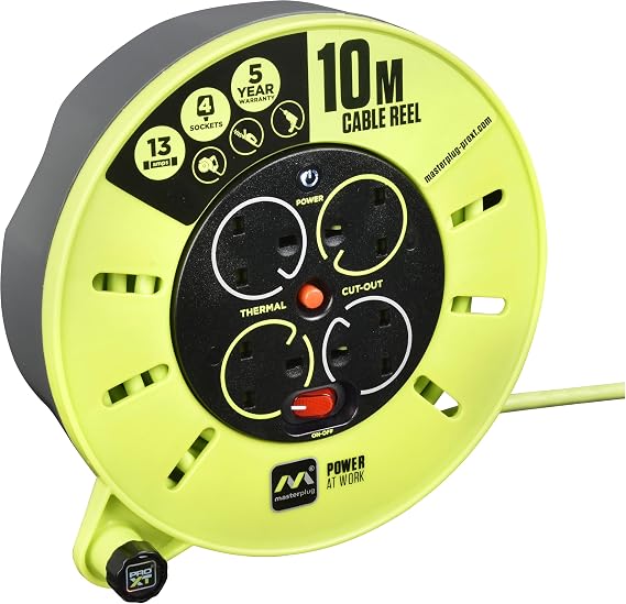 Masterplug Four Socket, 10 Metre Premium Cassette Reel, Medium Cable Extension Reel, Thermal Cut-Out & Power Indicator, Heavy Duty, Pro-XT, Grey/Green, 13A, 4G, 10m, CMU10134SL