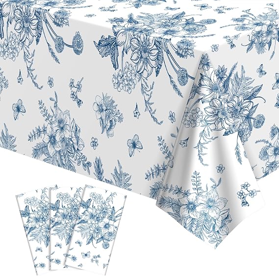 NatNarr 3 Pack Blue Floral Plastic Tablecloths, Tea Party Tablecloth