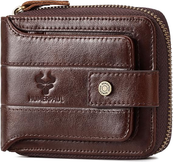 HUMERPAUL Brown Mens Zip Wallet with Closure Bifold Leather Wallets for Men
