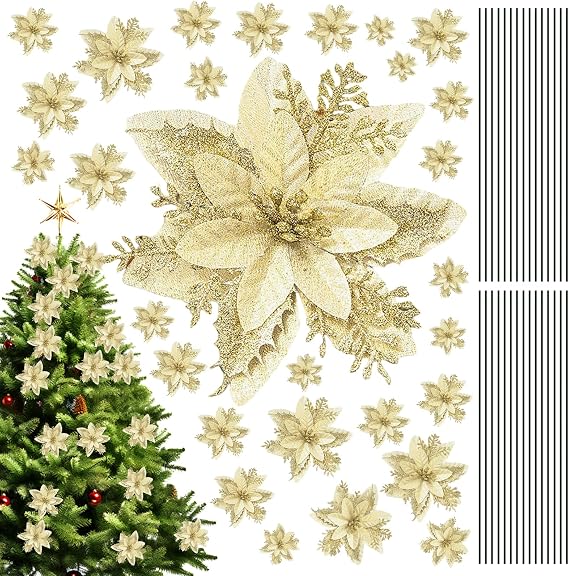 30 PCS Poinsettia Christmas Decorations,Glitter Poinsettia Artificial Flowers with 30 Stems,for Xmas Tree Ornaments,New Year,Garland Wreath Decoration