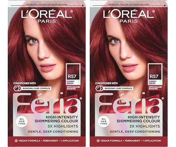 L'Oreal Paris Feria Multi-Faceted Shimmering Permanent Hair Color, R57 Intense Medium Auburn, Hair Dye Kit, Pack of 2