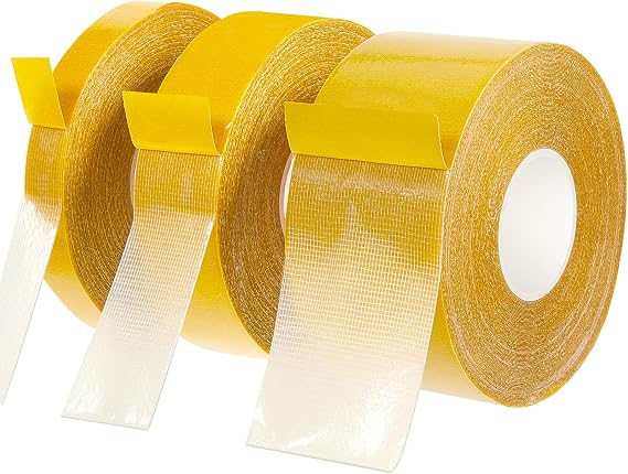 Henoyso 3 Rolls Double Sided Fabric Tape Heavy Duty Mounting Tape with Fiberglass Mesh 0.59'/ 1.18' / 2' x 66 ft (20m) Clear Strong Wall Adhesive Removable Sticky Waterproof for Clothes Carpet Arts