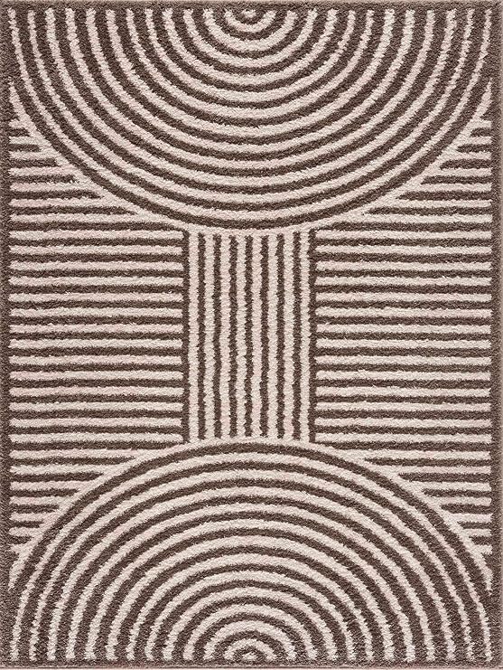 BoutiqueRugs Washable Dark Brown 8x10 Large Area Rug Geometric Contemporary Beige Striped Allard Great Room Open Concept Master Bedroom Large Dining Room 7'10" x 10' Easy Clean Stain Resistant