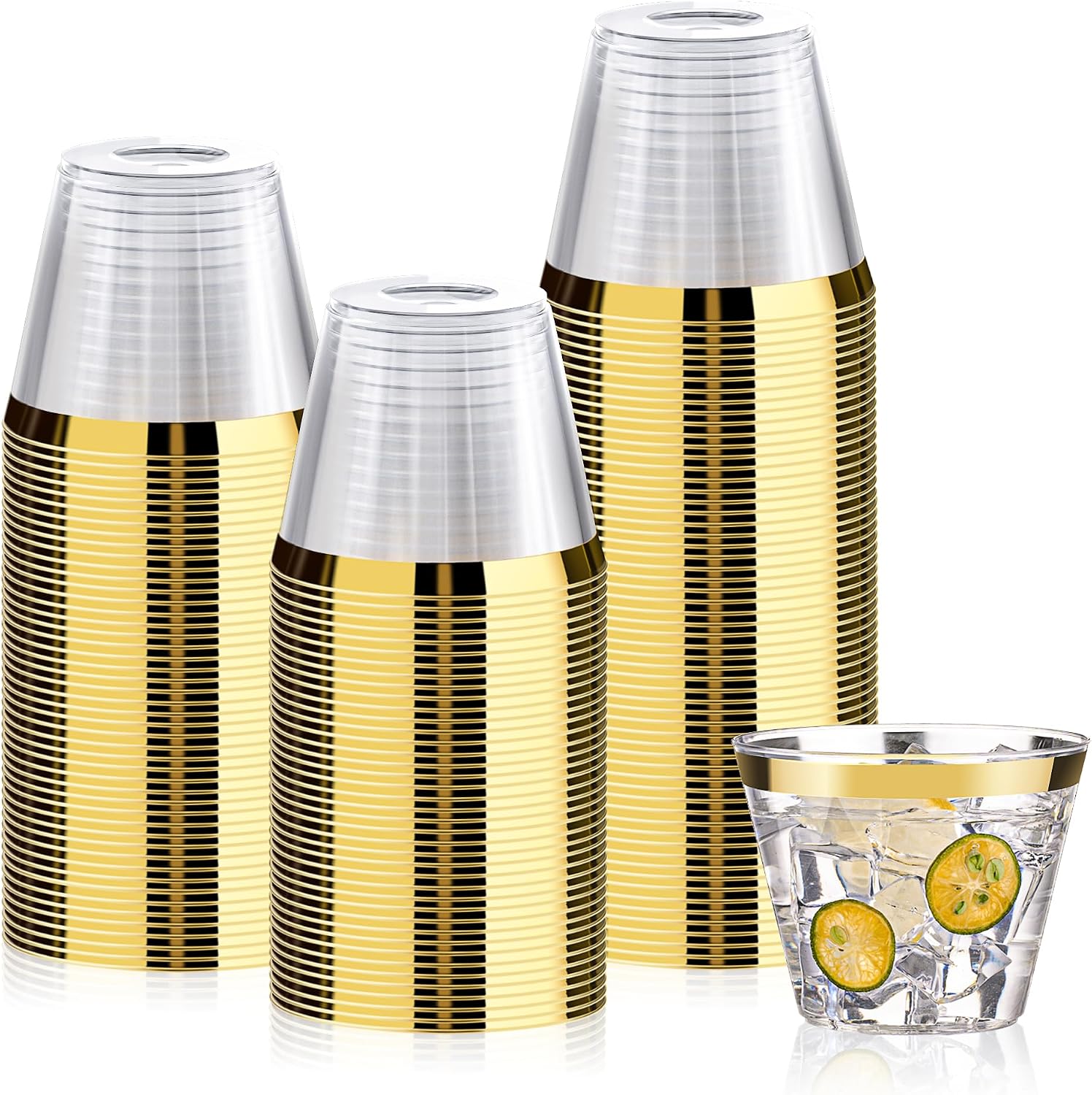 Bestluck 100 Pack 9 oz Gold Plastic Cups, Clear Disposable Cups with Gold Rim, Plastic Cocktail Glasses for Parties, Weddings