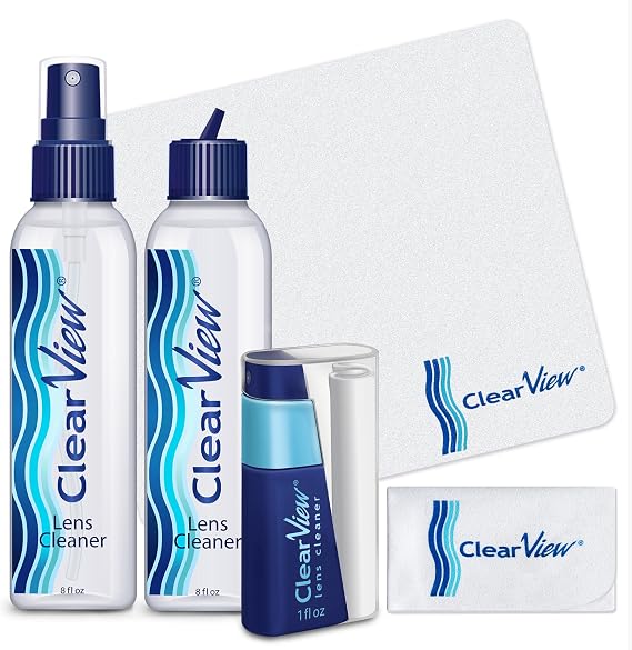 Clear View Lens Cleaner Kit, 2 x 8oz Bottles Plus Travel Spray Set