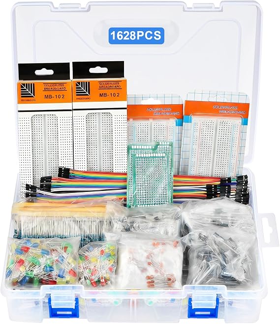 1628 PCS 9 Type Electronic Component Kit with Clear Box, Breadboard/Arduino kit, 3&5mm LED Diodes, Ceramic Capacitors, Electrolytic Capacitors, Resistor, Transistor, DuPont Wires, Circuit Boards, PCBS