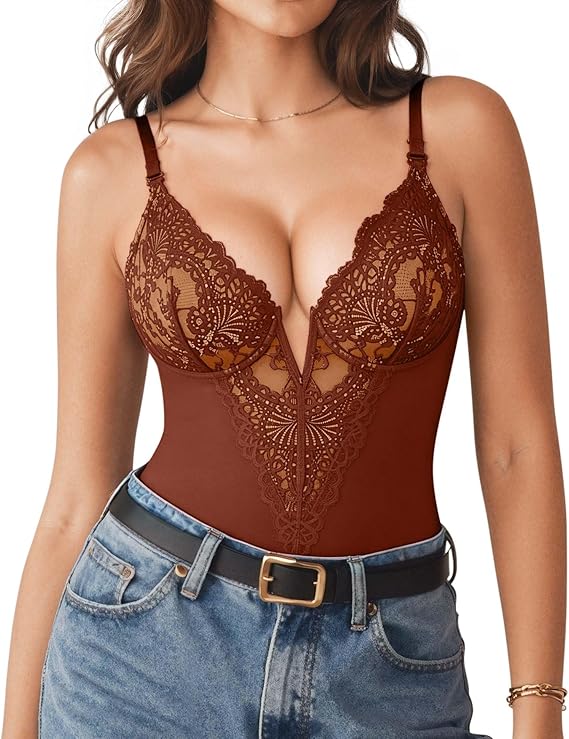 Popilush Shapewear Bodysuits for Women Lace Corset Tops Tummy Control V Neck Sleeveless Body Suit Thongs