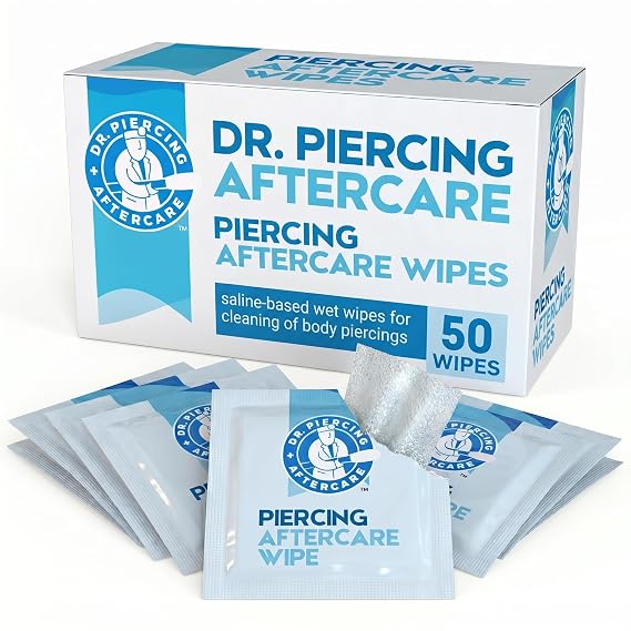 Dr. Piercing Aftercare Wipes Piercing Aftercare | Saline Solution for Piercings - Keloid Bump Ear Piercing Cleaner Ears Lips Belly Nose Piercing Bump - Piercing Hole Cleaner (50 Count)