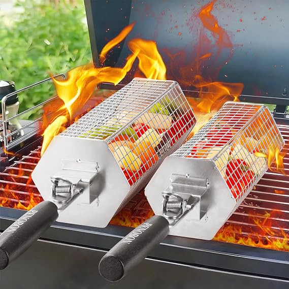 Rolling Grilling Basket, 2 PCS 304 Stainless Steel BBQ Grill Baskets