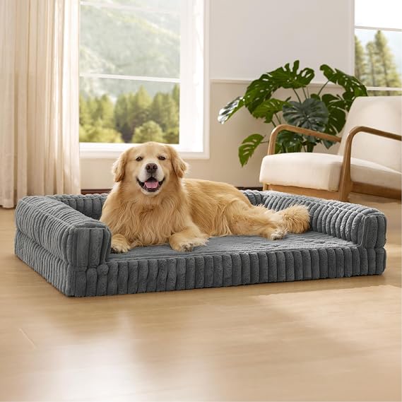 Bedsure Orthopedic Dog Beds Large - 122x89x20cm Memory Foam Dog Sofa | Waterproof Egg-Crate Foam Pet Couch Sofa with Sides, Washable Removable Corduroy Cover and Non-Slip Bottom, grey