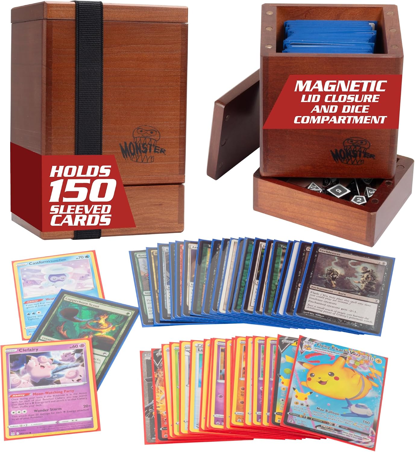 Monster Wooden Deck Box w Strong Magnetic Lid, Dice Tray & Security Band- Premium Holds 150 Sleeved Cards- Compatible w Yugioh Commander Magic the Gathering MTG Sport Trading TCG Games, Gift
