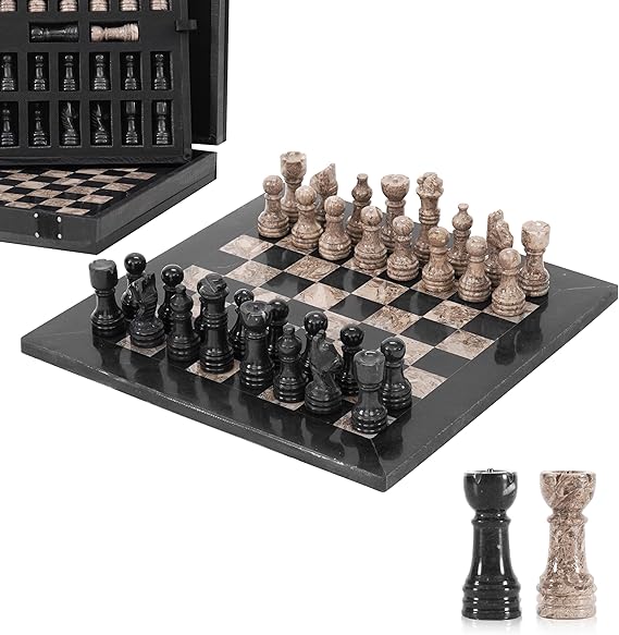 Marble Chess Set 10 Inches Black and Oceanic Handcrafted Stone Chess Board with Chess Pieces, 2 Player Games for Adults, Strategy Game and Checker Board Game, Family Board Games for Adults