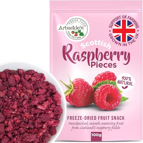 100g Arbuckle's Freeze Dried Raspberries Pieces Direct from UK Farm Shop, Raspberry Crumble Nutritious and Healthy Raspberry Natural, for Baking, Breakfast Cereal Topper, Yogurt, Cake Decorations
