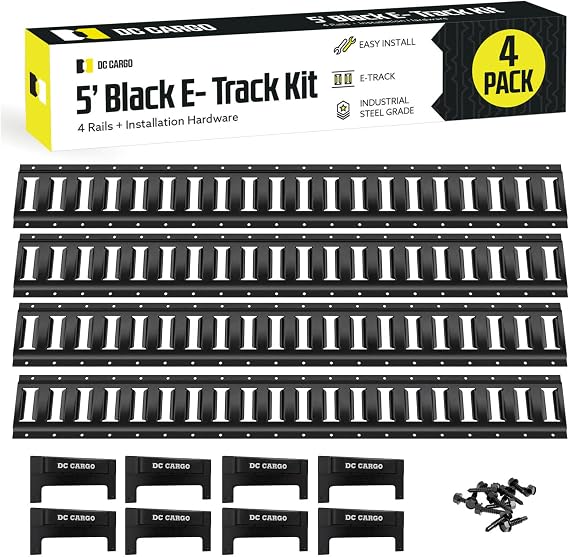 DC Cargo Mall 5' Long E Track Tie Down Rail (4 Pack) Powder Coated Steel Universal ETrack Tiedown System Kit - Easy Safe Secure Bolt on Socket System for Cargo on Pickups, Trucks, Trailer Tie, Vans