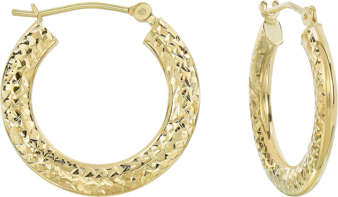 14k Yellow Gold Diamond-cut Flat Hoop Earrings, 2mm Tube Thickness...