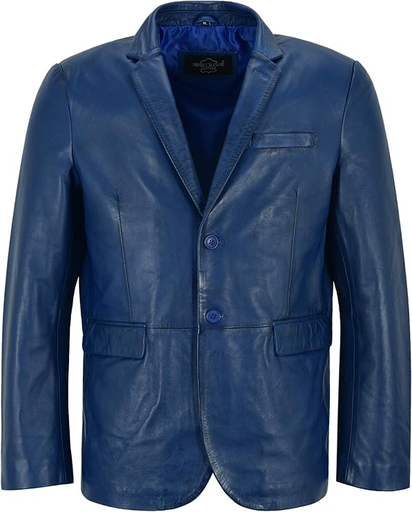 Men Leather Blazer Blue Classic Italian Tailored 2 Button Real Leather Coat 3450