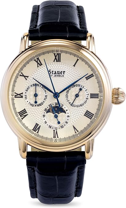 Stauer Magnificat II Automatic Watch for Men - 3 Interior Day, Date & 24-Hour Clock Dials - Stainless Case & Black Leather Band - Water Resistant