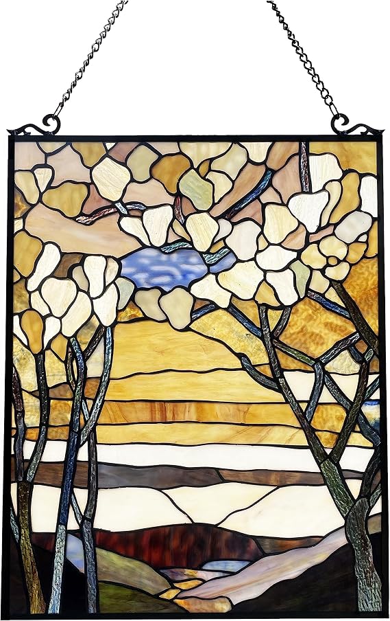 Chloe Lighting Autumn Valley Tiffany-Style Floral 25" Height Stained Glass Window Panel, Multi-Color