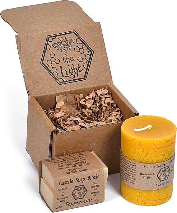 Bee The Light Beeswax Candle and Castile Soap Gift Box - Choose from Small, Medium, or Large - Essential Oil Scented Bar and Liquid Soaps - Tapers, Pillars, Jars and Votives (Small)