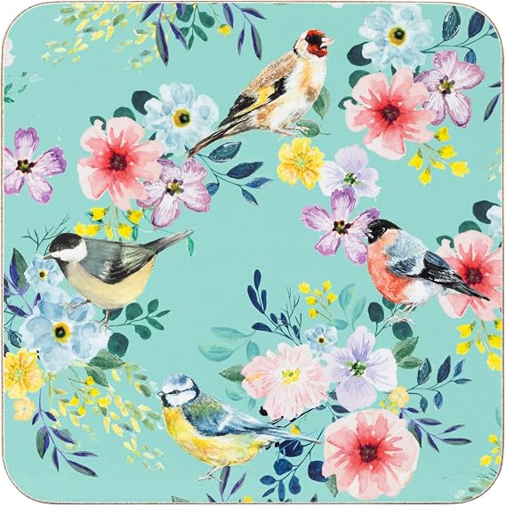 Cork Backed Coasters with Birds and Floral Design, Turquoise Background, Set of 4