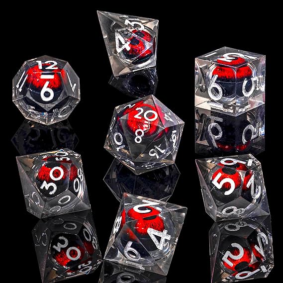 Beholder's Dragon Eye DND Dice Set Liquid Core Cateye Sharp Edge Resin Dice for Dungeons & Dragons 7pcs RPG Polyhedral MTG Role Playing D20 D12 D10 D8 D6 D4 D4 Dice with Gift Box Red Dark