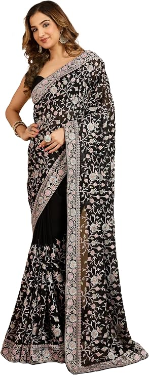 TRENDMALLS Women's Georgette Embroidery with Siroski work Saree with Unstitched Blouse