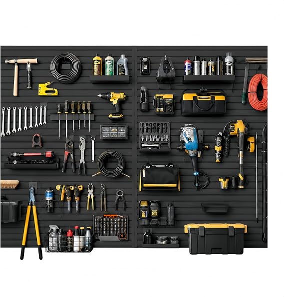 8'x8' PVC Slatwall Panels Garage Wall Storage System, Graphite Black Slat Wall Paneling Garage Organizers