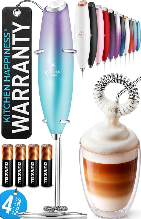 Zulay Kitchen Powerful Milk Frother Wand With Duracell Batteries - Ultra Fast Handheld Drink Mixer - Electric Whisk Foam Maker for Coffee, Lattes, Cappuccino & Matcha - Z1 Motor - Borealis