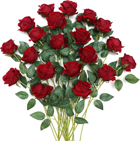 JUSTOYOU 20 PCS Burgundy Red Rose Artificial Flower,Silk Blooming Rose with Stem,Artificial Rose Bouquet Realistic Flower for Home Table Office Party Wedding Garden Arrangements(Burgundy rose)